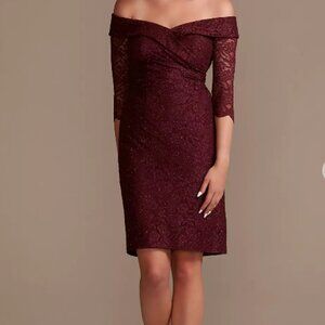 OLEG CASSINI-Off-the-Shoulder Knee Length Lace Dress